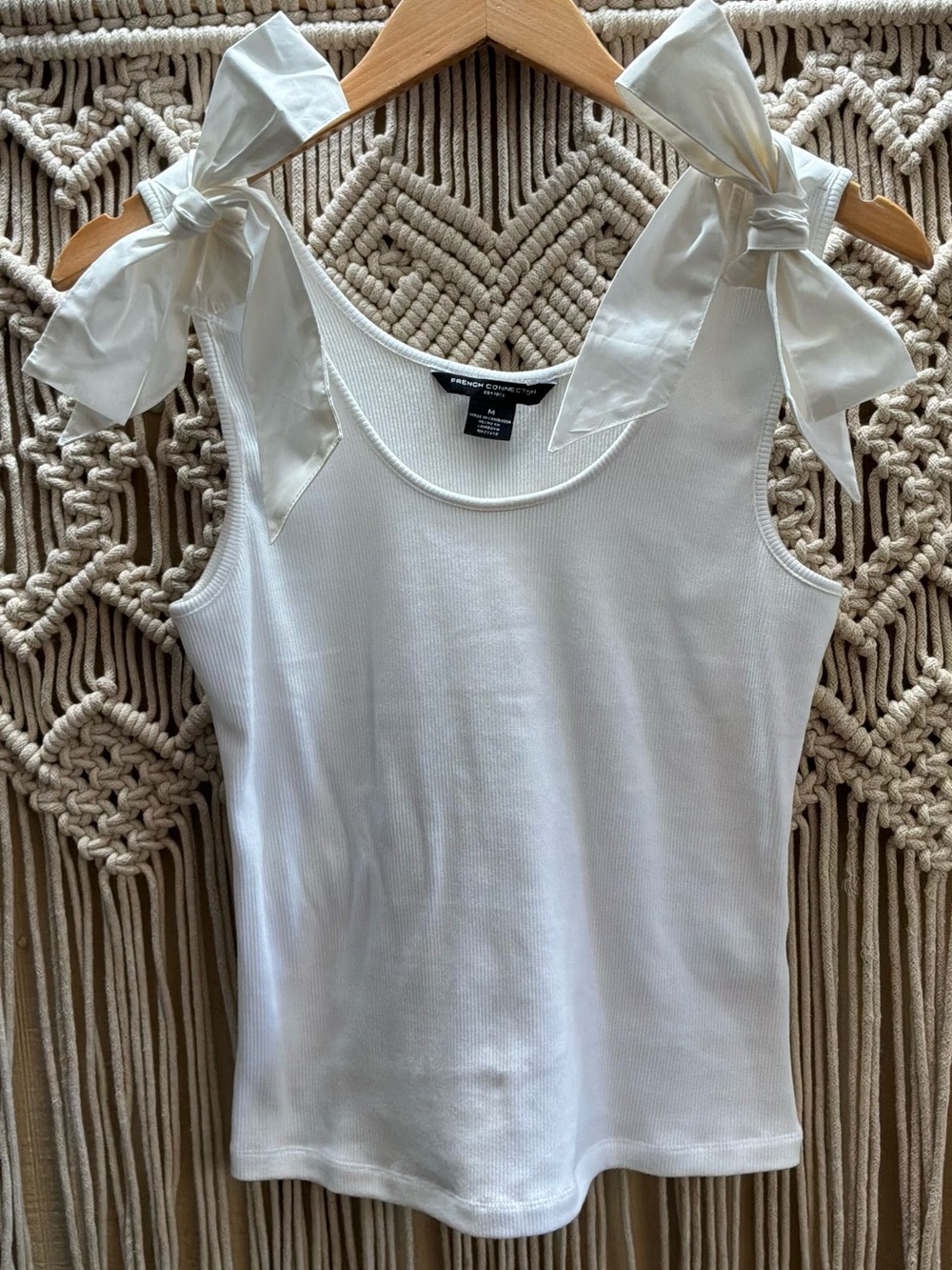 French Connection White Tie-Shoulder Ribbed Tank